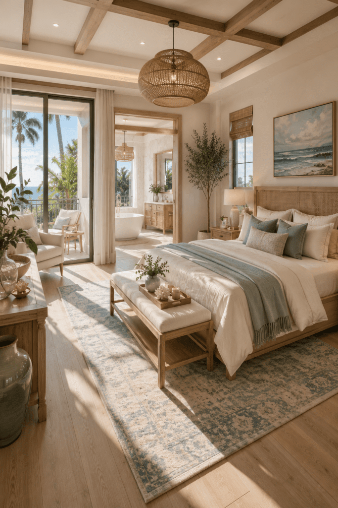 Coastal quiet luxury bedroom ideas with elegant blue accents and bright luxury decor