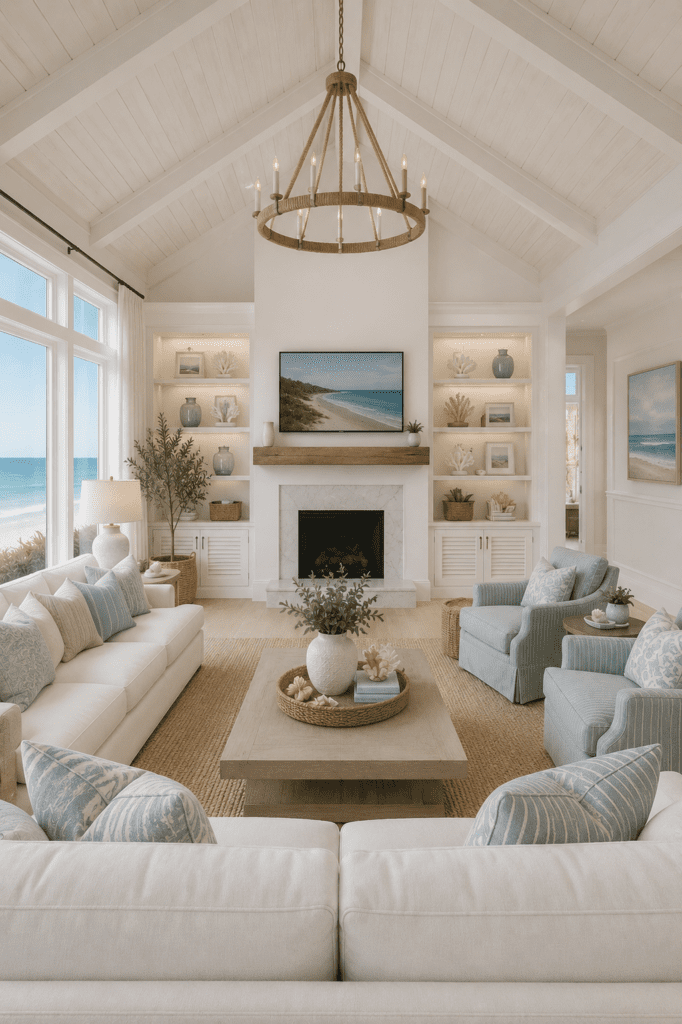 Coastal quiet luxury living room ideas with soft blue pillows and airy modern interiors