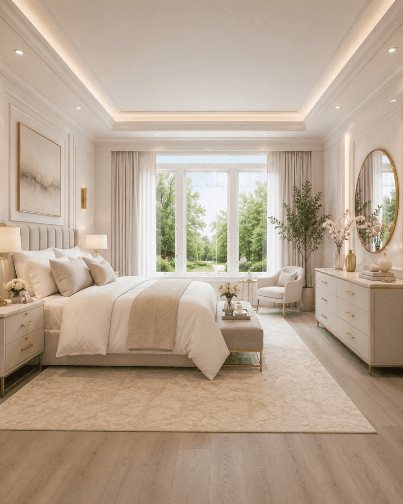 Coastal quiet luxury white bedroom ideas with elegant lighting and luxury decor touches