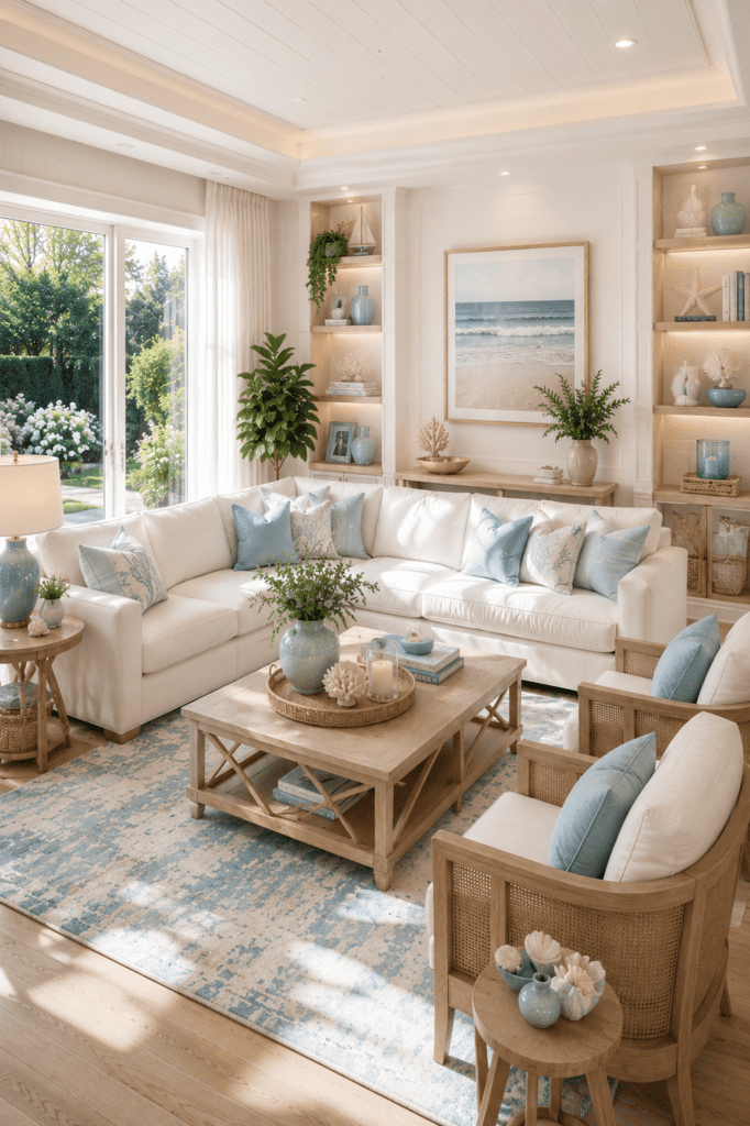Coastal quiet luxury living room ideas with beach-inspired decor and bright natural lighting