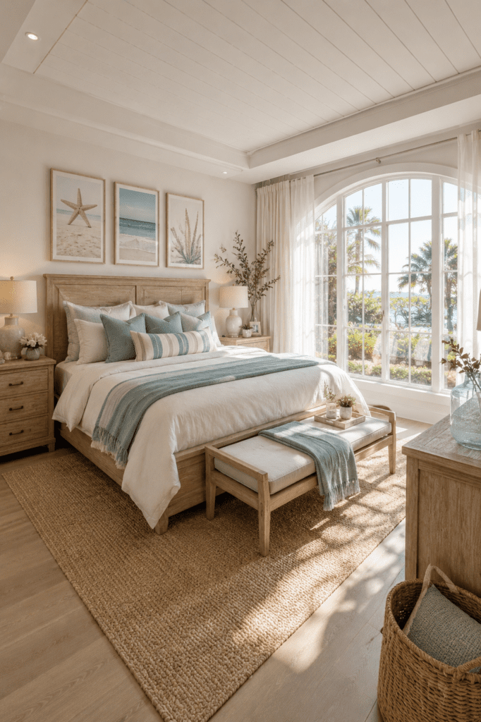 coastal quiet luxury bedroom ideas with cozy textures and modern beach house styling