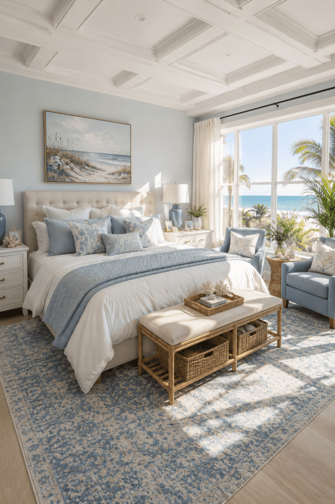 Coastal quiet luxury bedroom ideas with elegant blue accents and bright luxury decor