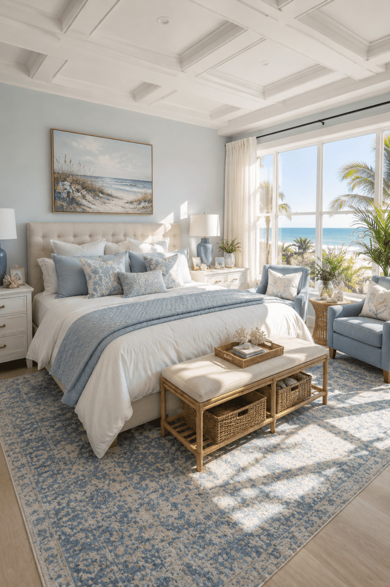 Coastal quiet luxury bedroom ideas with elegant blue accents and bright luxury decor