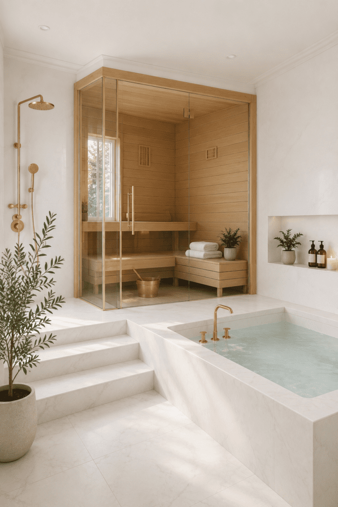 Coastal quiet luxury spa bathroom ideas with luxury sauna and modern wellness design