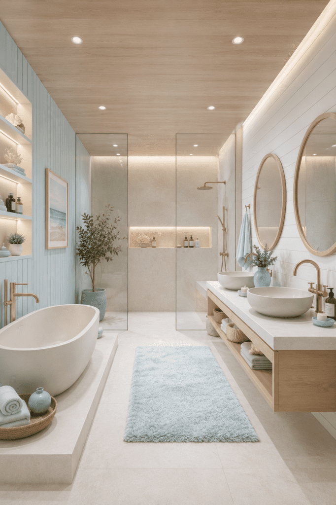 Coastal quiet luxury bathroom ideas with marble vanity and elegant coastal decor