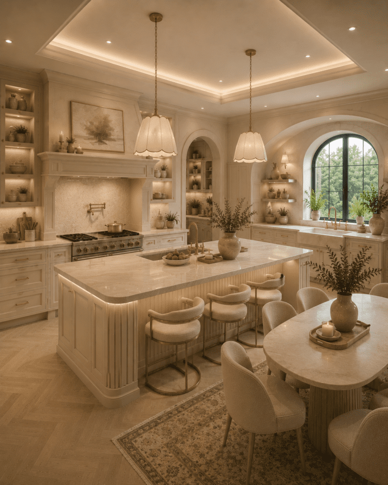 Luxury cream kitchen with marble island, warm lighting, gold accents, and elegant modern decor