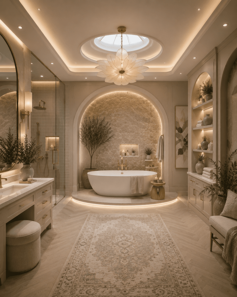 Modern spa bathroom with freestanding tub, soft lighting, neutral tones, and elegant arch design