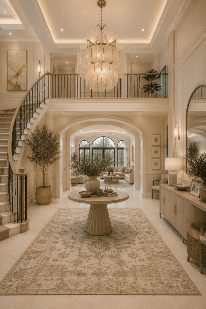 Elegant home entryway with curved staircase, large chandelier, neutral decor, and modern luxury styling