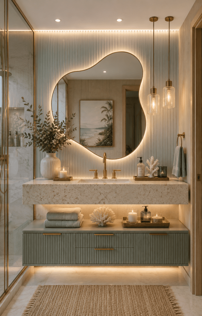 Coastal inspired bathroom vanity with glowing mirror, marble countertop, gold fixtures, and soft neutral decor