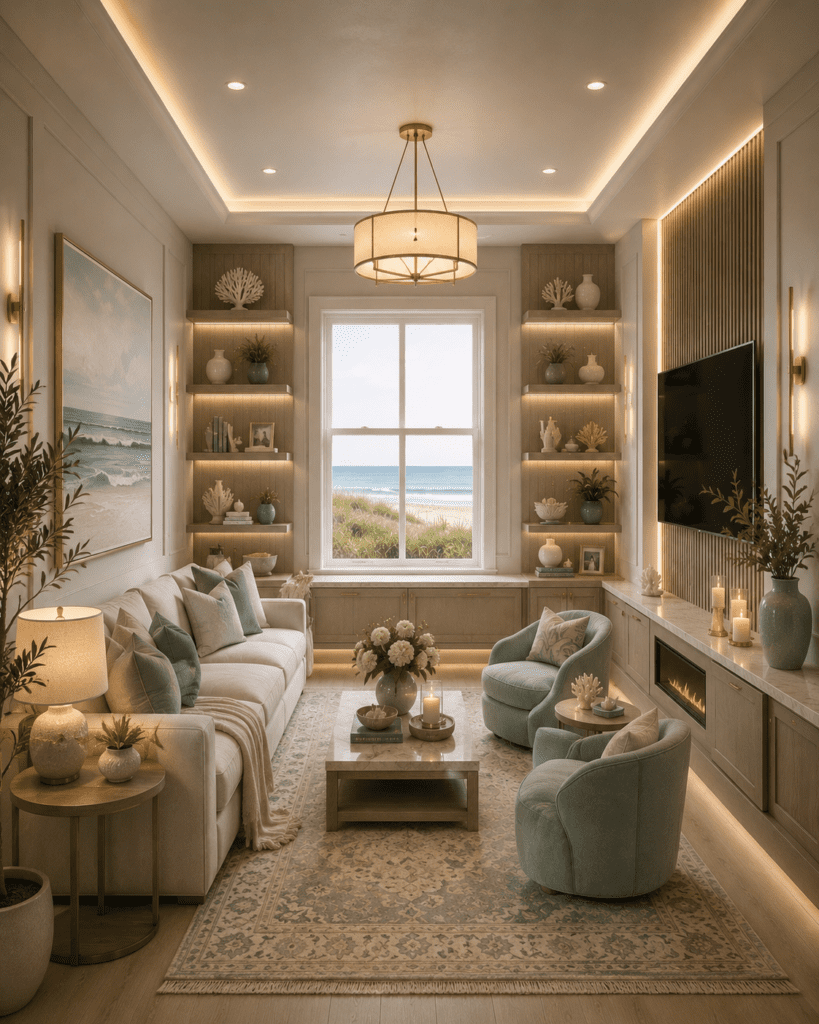 Cozy coastal living room with soft blue accents, built in shelves, beach artwork, and warm lighting