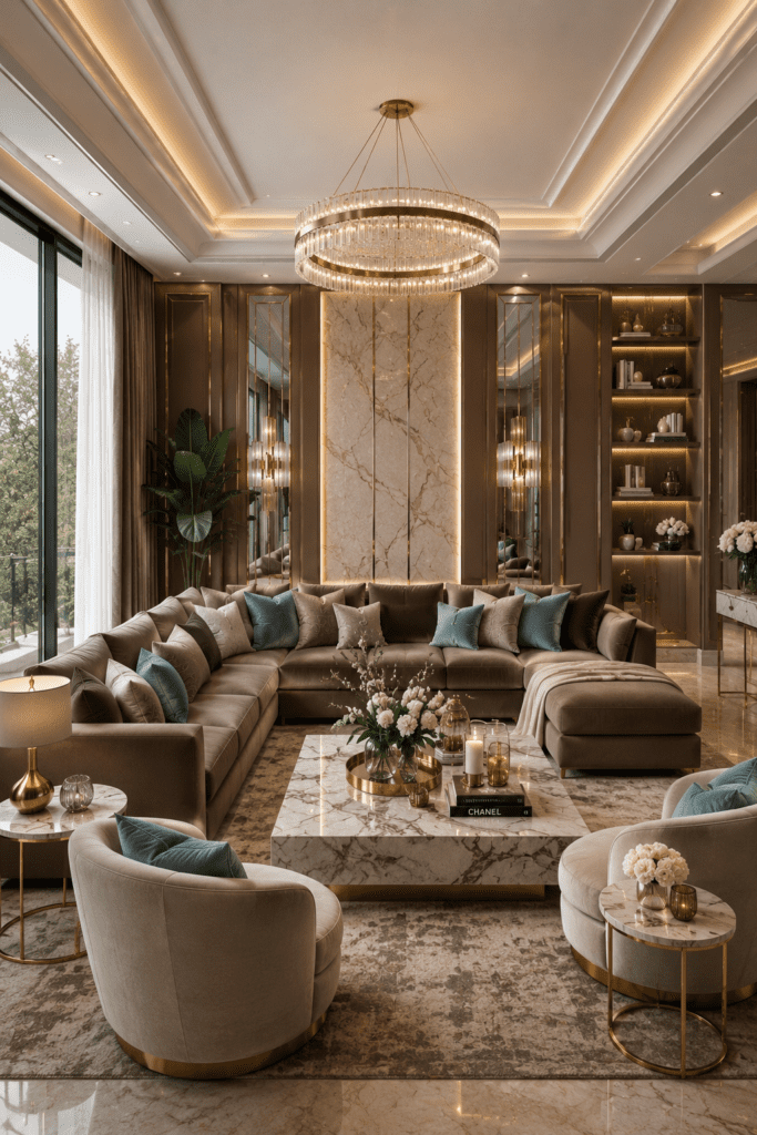 Luxury living room with marble coffee table, gold chandelier, elegant brown sofa, and modern decor