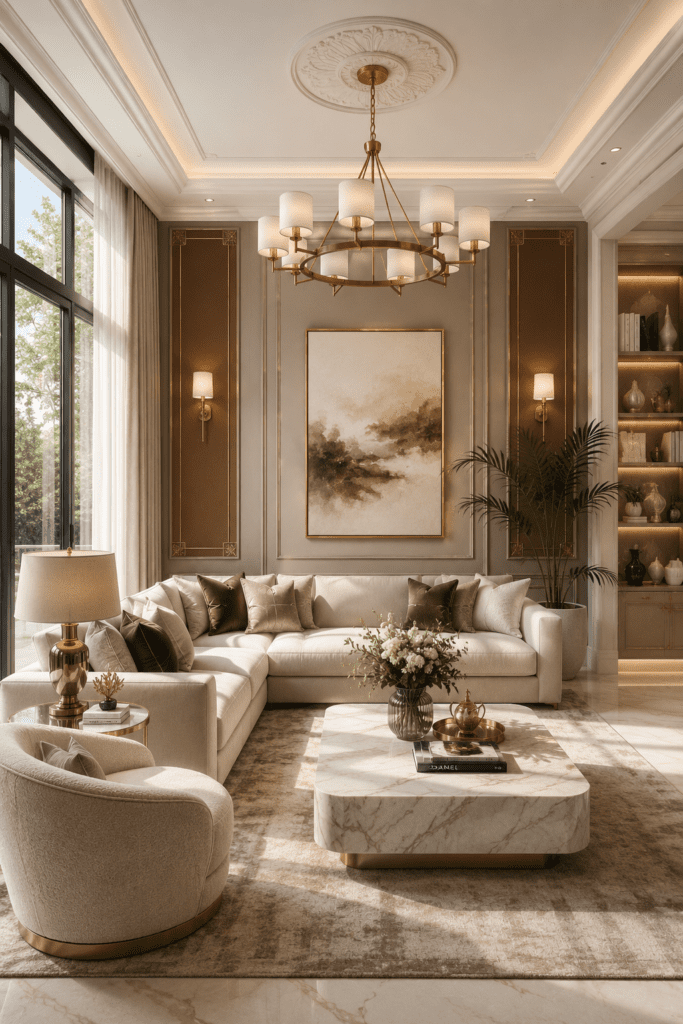 Sophisticated neutral living room with marble table, cream seating, gold lighting, and modern wall decor