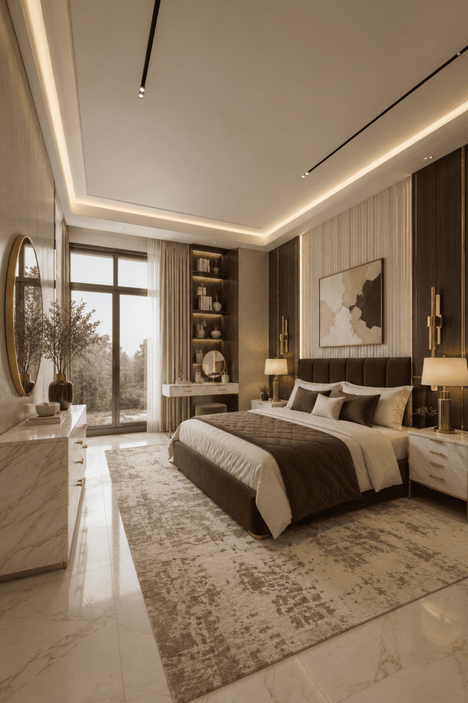 Stylish modern bedroom with brown upholstered bed, marble furniture, warm lighting, and luxury decor