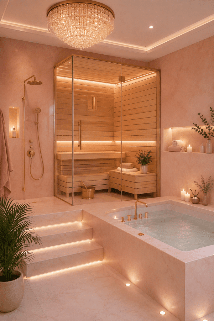 Minimal luxury bathroom with glass sauna, marble soaking tub, gold fixtures, and relaxing spa design