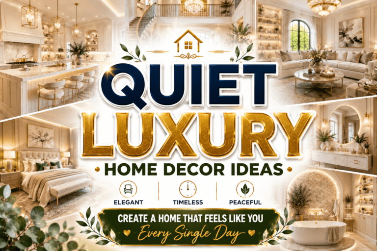 Elegant quiet luxury home decor collage featuring modern living room, luxury bedroom, spa bathroom, and stylish kitchen with warm lighting and neutral tones.