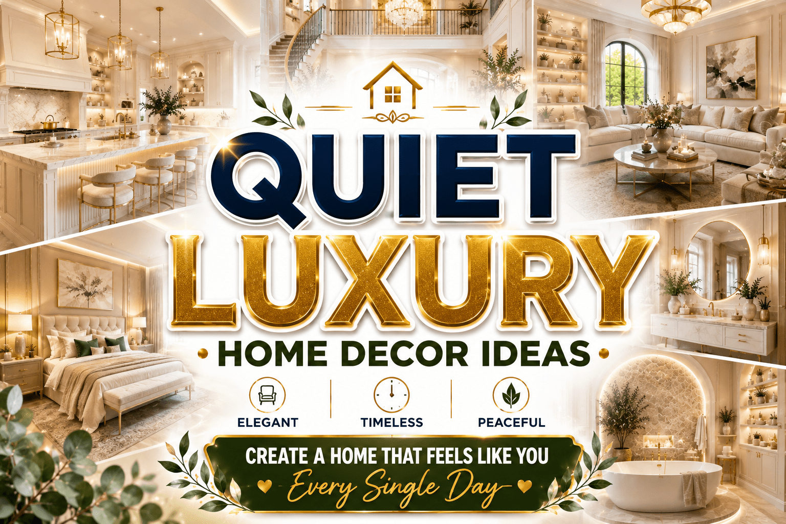 Elegant quiet luxury home decor collage featuring modern living room, luxury bedroom, spa bathroom, and stylish kitchen with warm lighting and neutral tones.