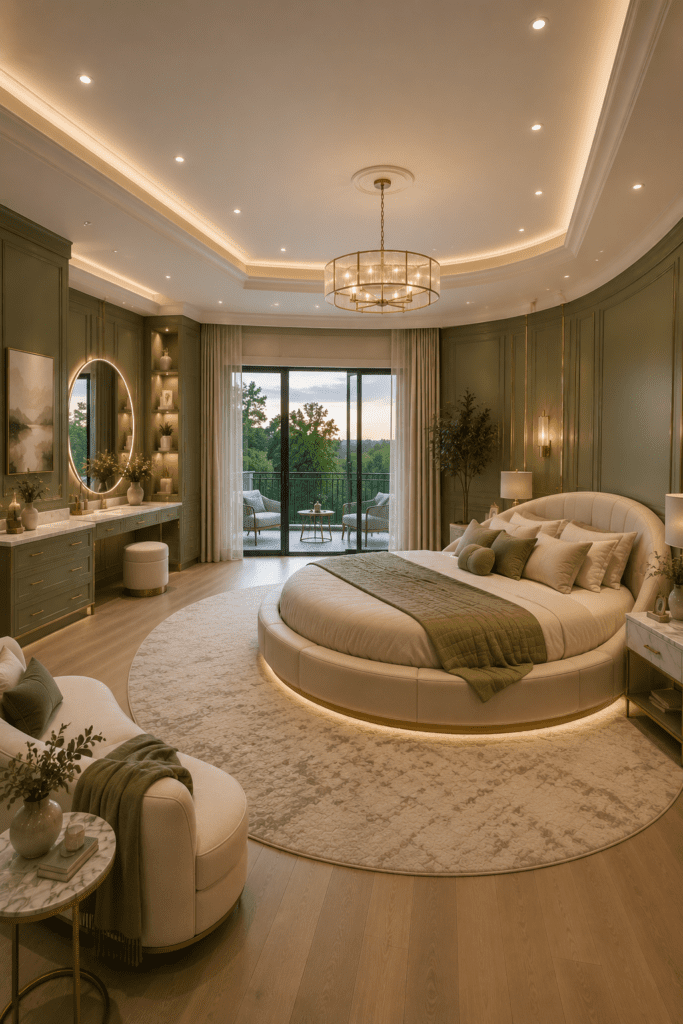 Luxury neutral bedroom with ambient ceiling lights, cozy textures, and elegant hotel-style decor.