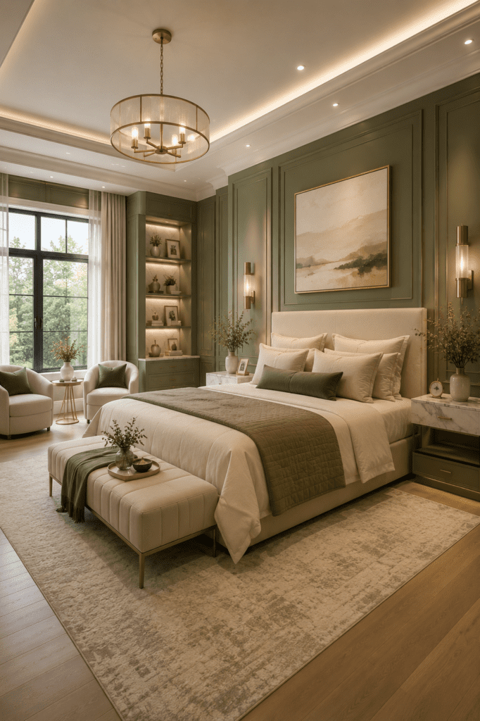 Modern cozy bedroom featuring neutral colors, soft lighting, and stylish luxury furniture.