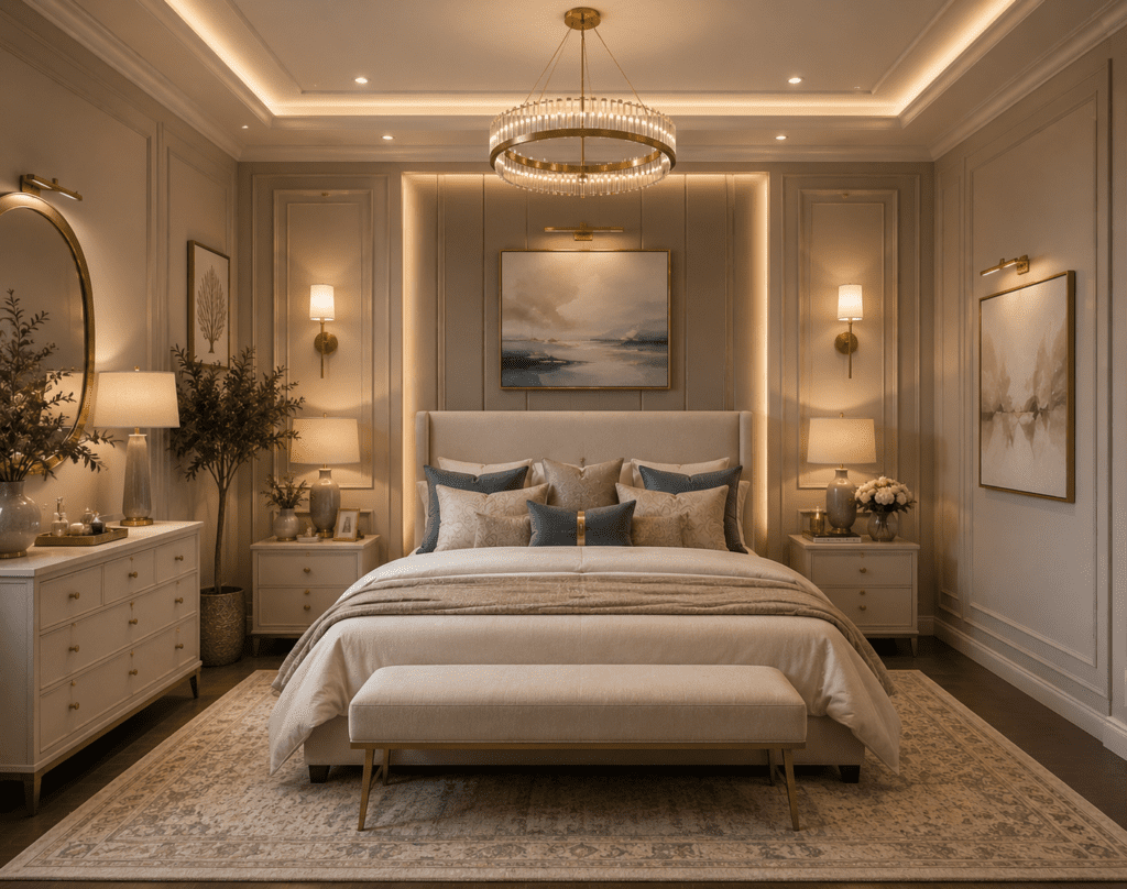 Warm neutral bedroom with elegant bed design, cozy lighting, and luxury hotel-inspired style.