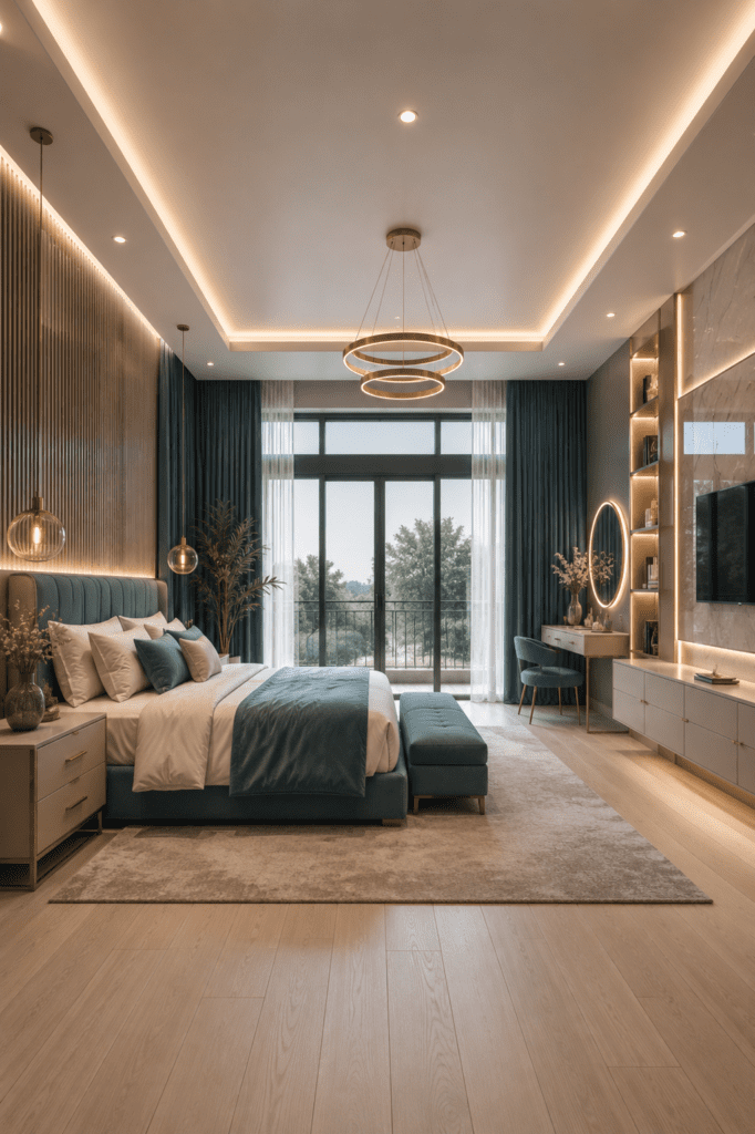 Luxury hotel-style bedroom with sophisticated neutral decor, soft bedding, and warm lighting.