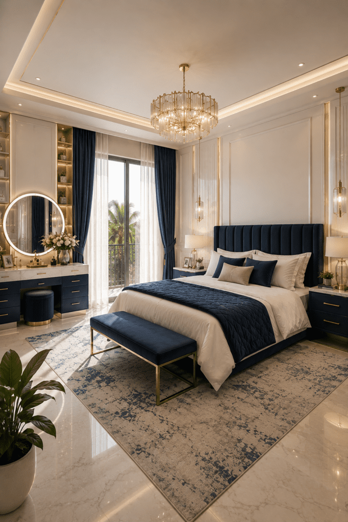 Bright neutral bedroom with natural light, cozy bed styling, and peaceful modern interior design.
