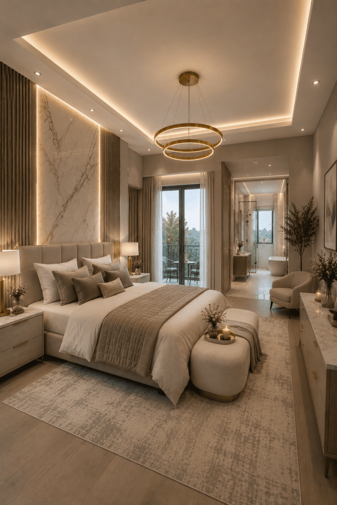 Soft blue neutral bedroom with elegant decor, cozy bedding, and relaxing modern luxury style.