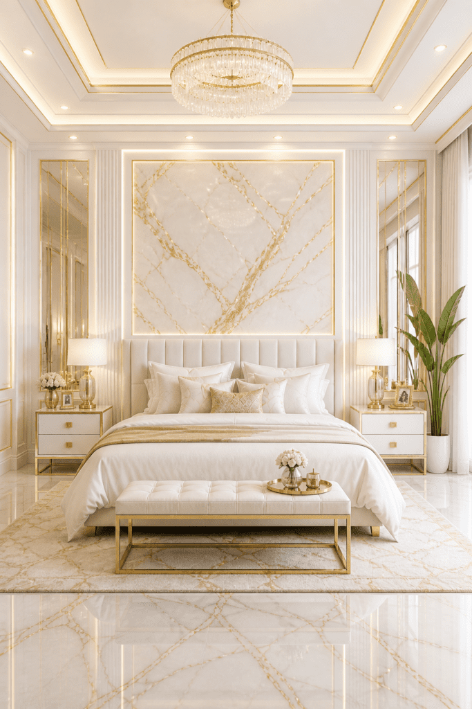 Stylish neutral bedroom with modern ceiling lighting, luxury decor, and cozy hotel-inspired atmosphere.