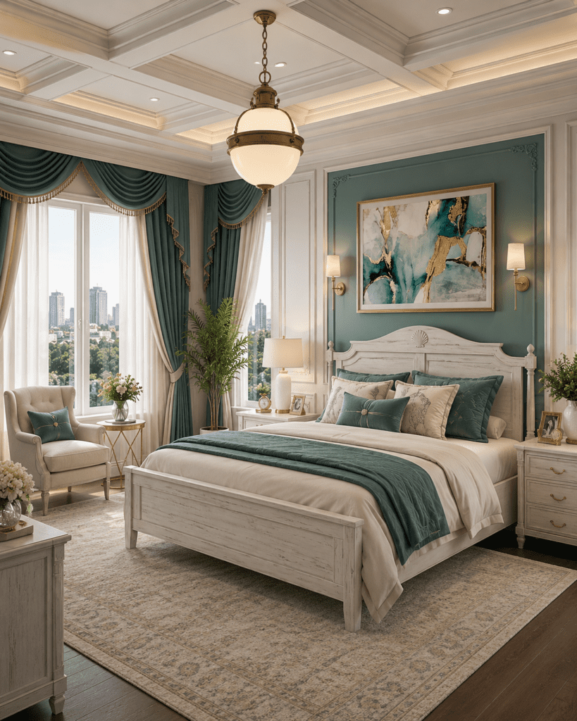 Modern neutral bedroom featuring luxury furniture, calming tones, and soft cozy lighting.