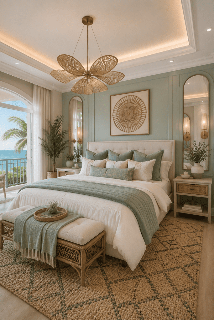 Elegant cozy bedroom with neutral interior design, warm lighting, and luxurious decor details.