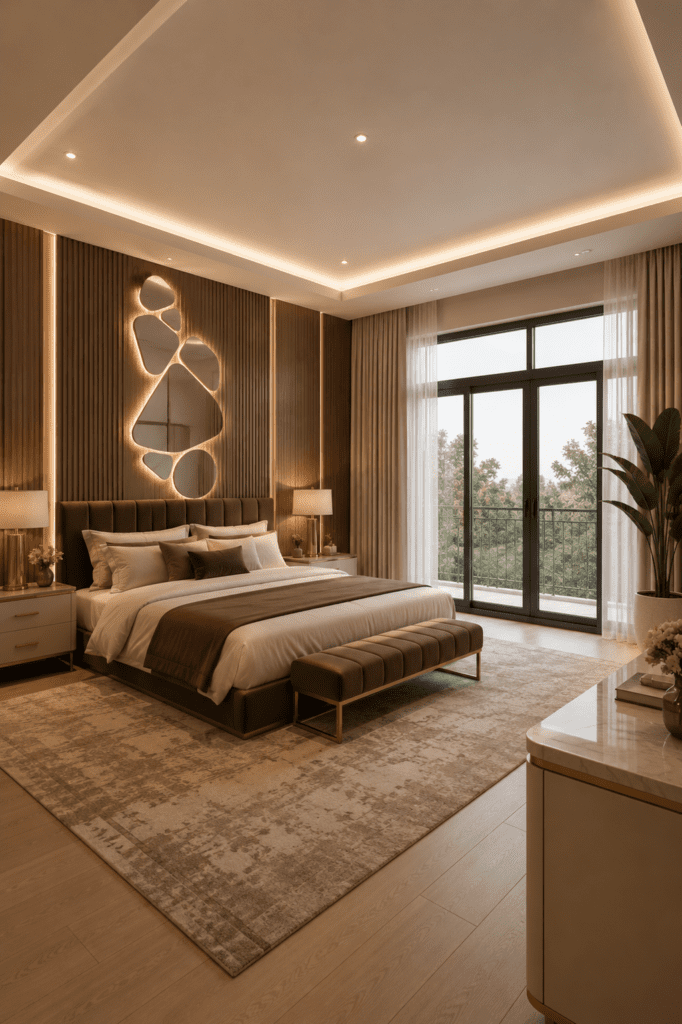 Dreamy cozy neutral bedroom with timeless decor, soft textures, and warm luxury hotel vibes.