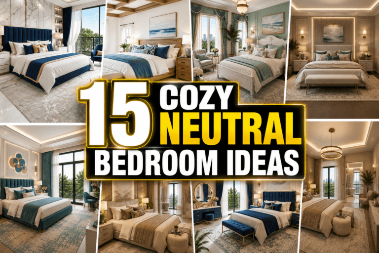 Luxury cozy neutral bedroom ideas with warm lighting, elegant decor, and soft neutral tones creating a relaxing hotel-style bedroom atmosphere.