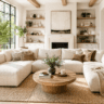 Bright modern American living room featuring a cream luxury sectional sofa with cozy neutral decor, natural sunlight, wooden accents, and elegant home styling