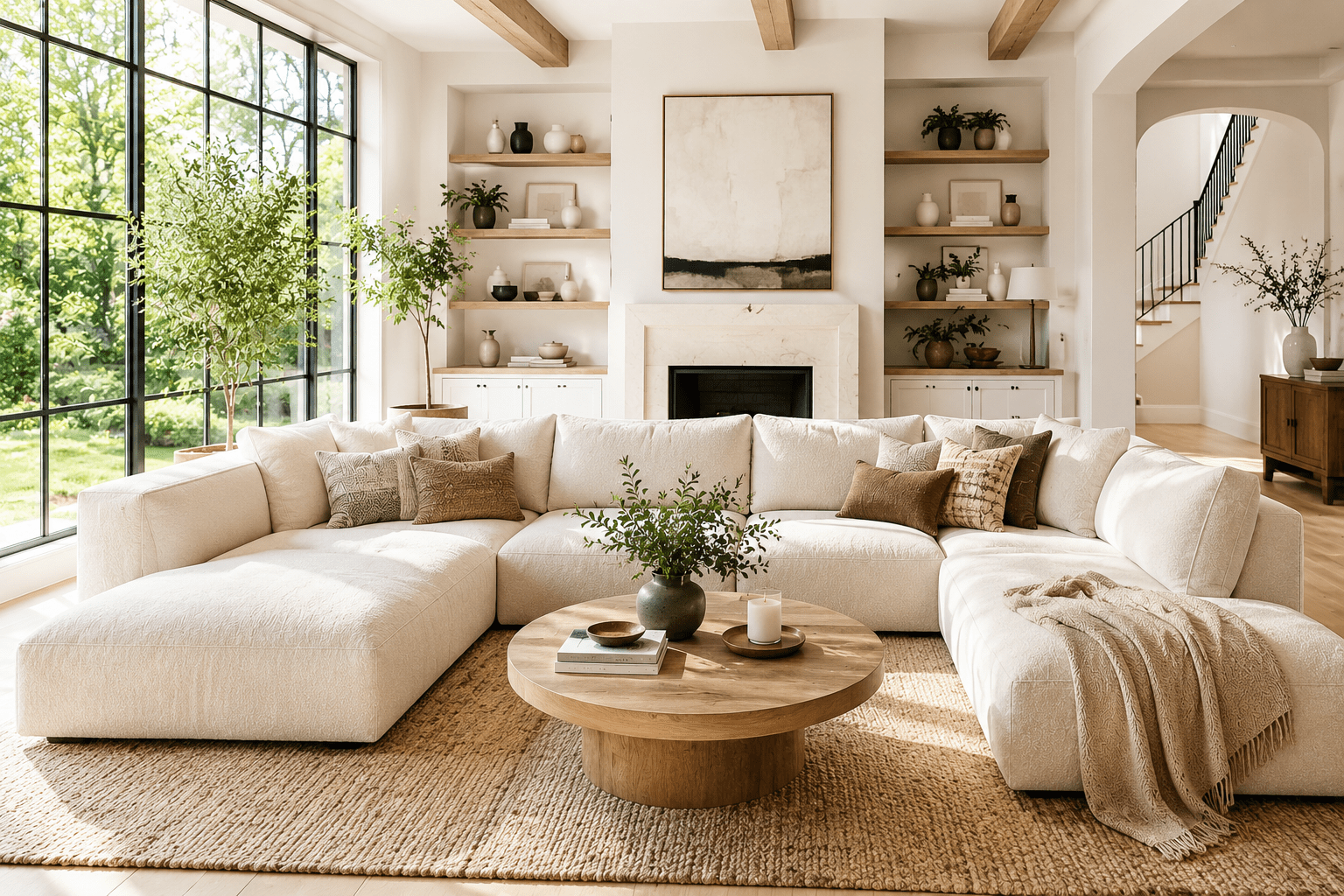 Bright modern American living room featuring a cream luxury sectional sofa with cozy neutral decor, natural sunlight, wooden accents, and elegant home styling