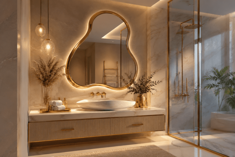 Luxury bathroom with a glowing wavy mirror, marble vanity, warm lighting, and modern American decor