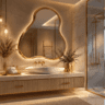 Luxury bathroom with a glowing wavy mirror, marble vanity, warm lighting, and modern American decor