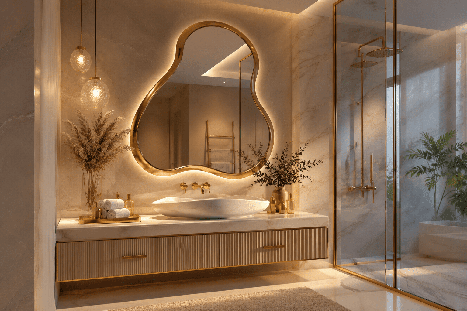 Luxury bathroom with a glowing wavy mirror, marble vanity, warm lighting, and modern American decor