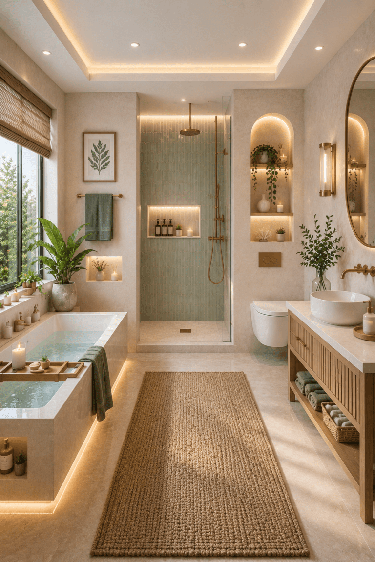 Bright luxury spa-style bathroom with beige tones, modern vanity, soft lighting, glass shower, indoor plants, and woven rug decor