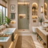 Bright luxury spa-style bathroom with beige tones, modern vanity, soft lighting, glass shower, indoor plants, and woven rug decor