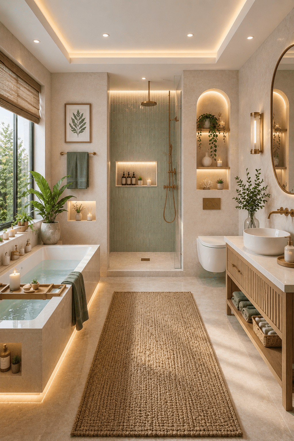 Bright luxury spa-style bathroom with beige tones, modern vanity, soft lighting, glass shower, indoor plants, and woven rug decor