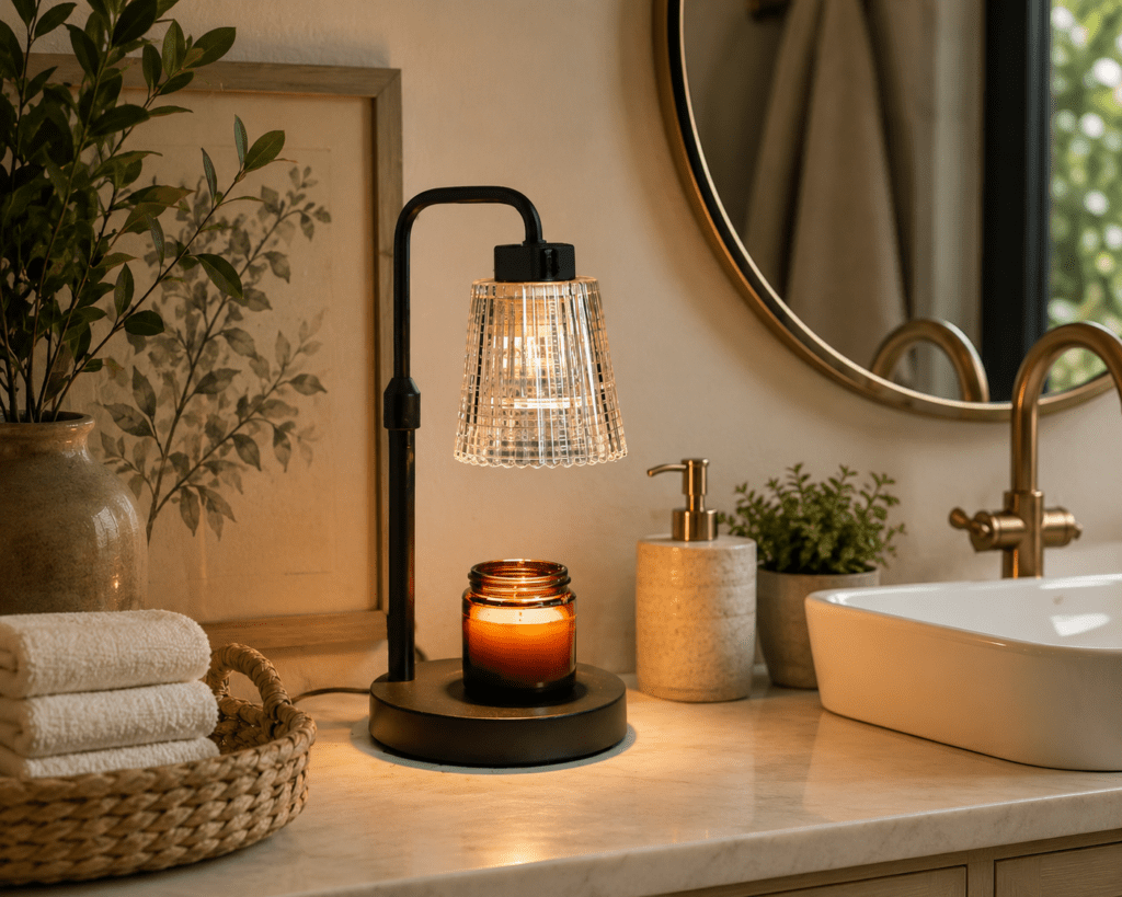 Warm candle lamp glowing beside a cozy bathroom setup with soft lighting and elegant spa-inspired decor
