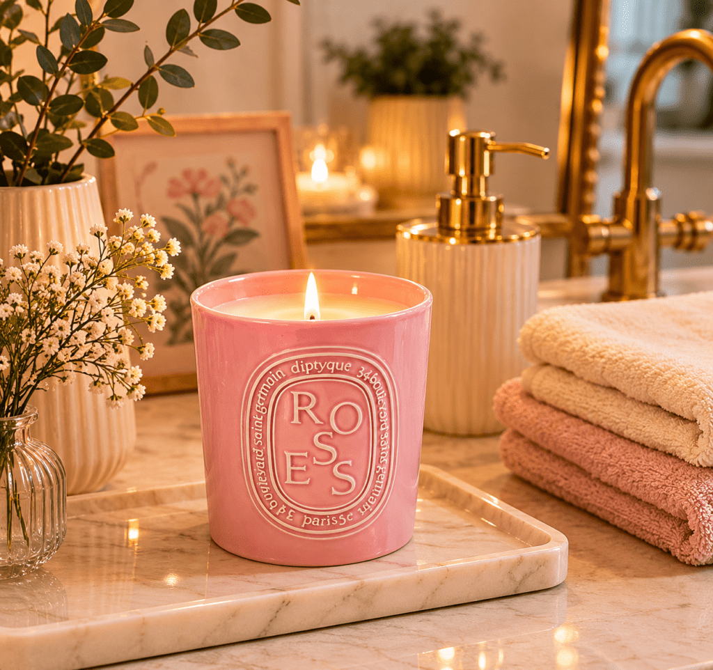 Soft pink candle styled on a marble bathroom counter with warm lighting, flowers, folded towels, and elegant USA-inspired spa decor