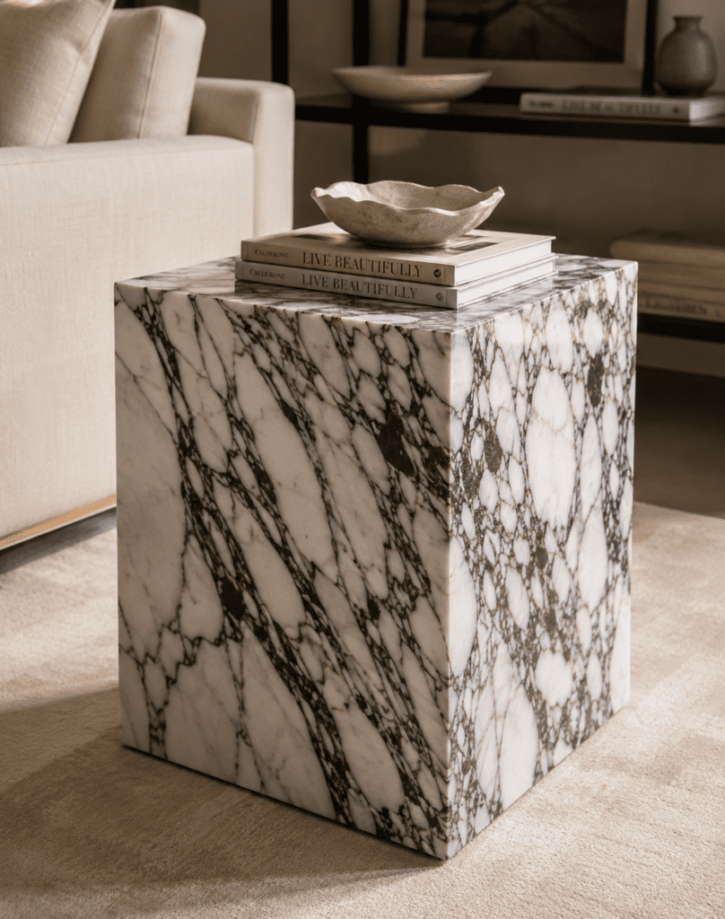 Luxury marble cube side table in a warm neutral living room with soft textures and modern USA home decor styling