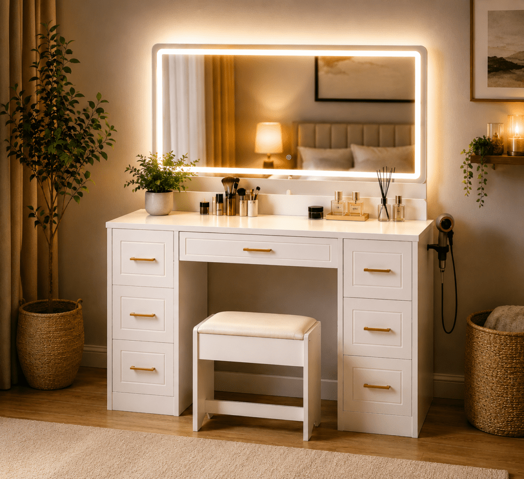 Modern white makeup vanity desk with glowing mirror lights, soft decor, and cozy bedroom styling inspired by USA home interiors