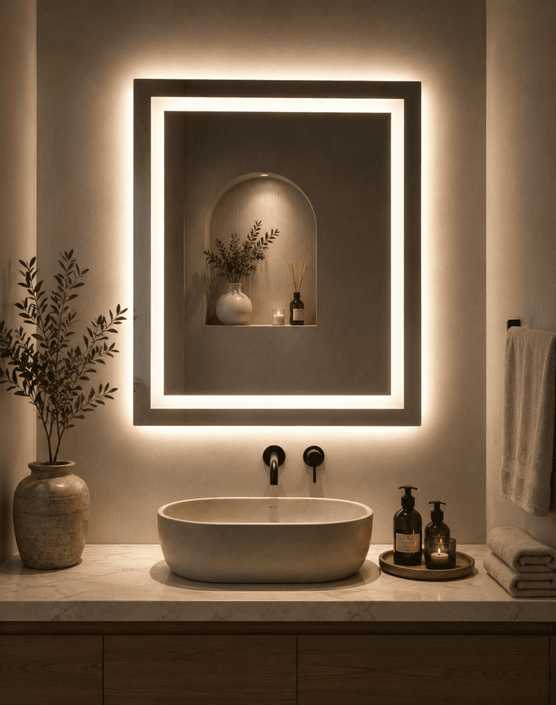 Modern luxury bathroom vanity with glowing LED mirror, beige stone sink, candles, and elegant spa-inspired decor.