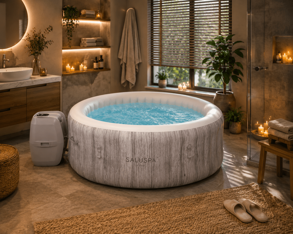 Modern spa-style bathroom with inflatable hot tub, warm lighting, candles, wooden accents, and cozy luxury decor.