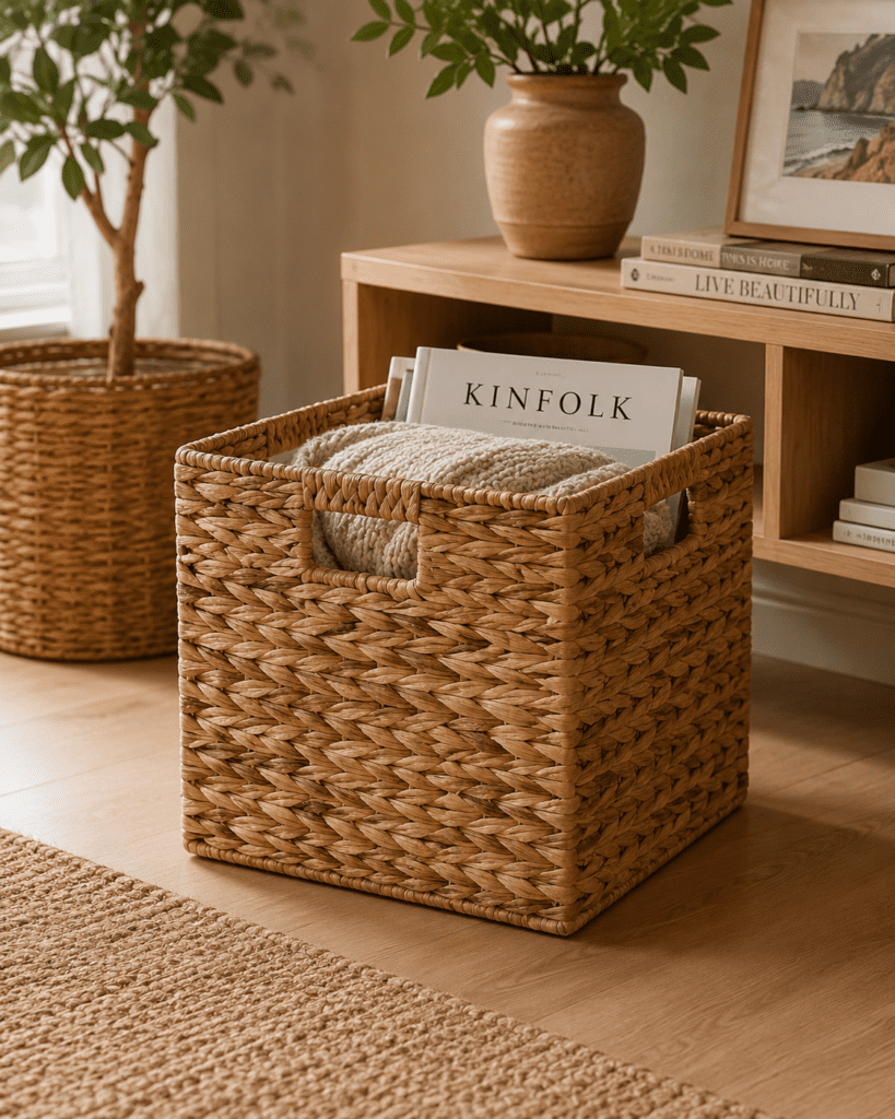 Natural woven storage basket with knitted blanket and magazines in a cozy modern farmhouse living room with neutral decor.