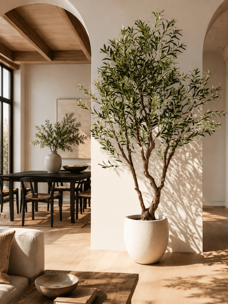 Artificial olive tree styled in a bright modern American home interior with wooden furniture and minimalist decor.