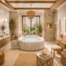 Bright modern USA-style bathroom featuring a luxury inflatable spa tub, wooden vanity, LED mirrors, woven baskets, marble decor, indoor plants, soft towels, and warm natural lighting