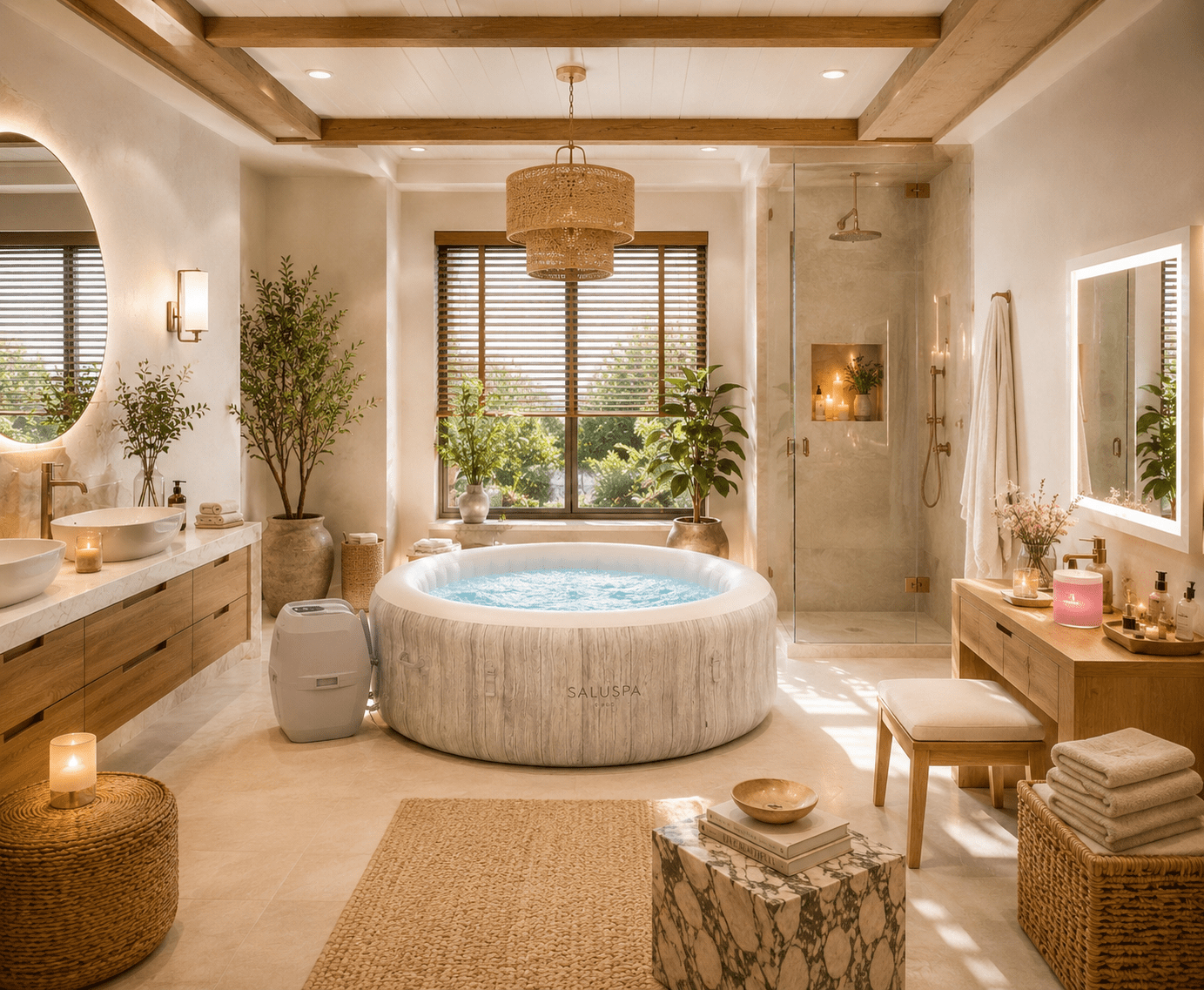 Bright modern USA-style bathroom featuring a luxury inflatable spa tub, wooden vanity, LED mirrors, woven baskets, marble decor, indoor plants, soft towels, and warm natural lighting