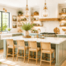 Bright cozy kitchen with sage green cabinets, warm lighting, marble island, and modern American farmhouse decor
